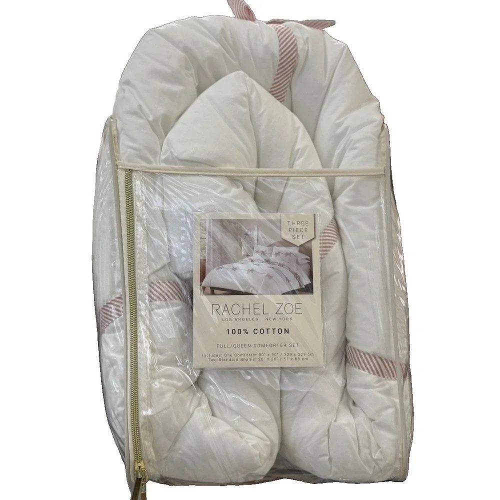 Rachel Zoe Bow Comforter 3 Pcs Set Full Queen White Pink Embroidered 100% Cotton